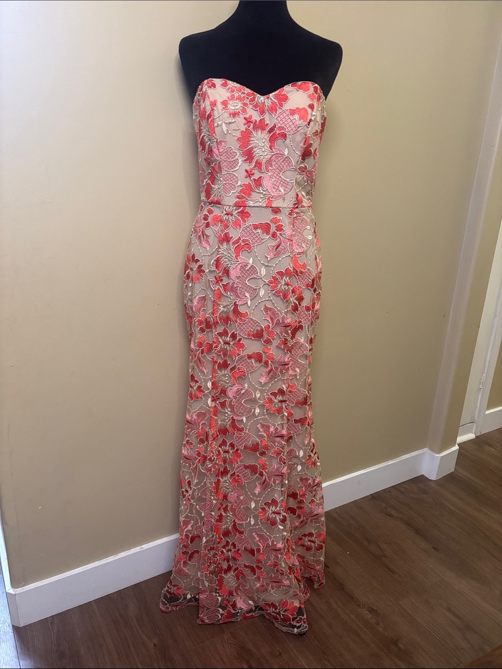 Speechless Strapless Coral Floral Embroidered Gown